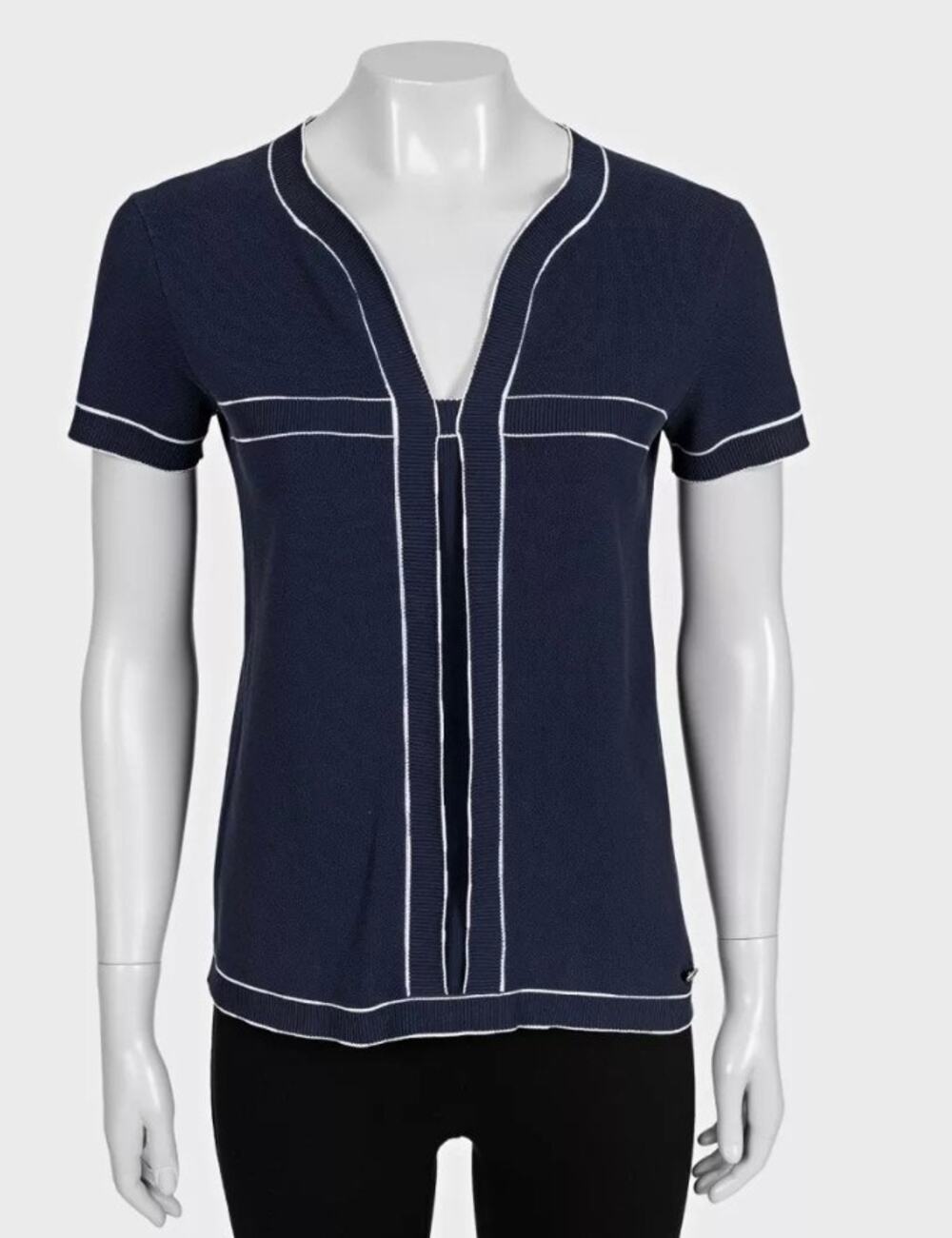 CHANEL Blue Cotton T-Shirt with White Contrast Trim Sz.38